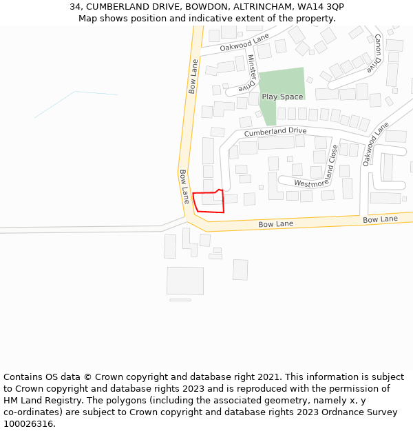 34, CUMBERLAND DRIVE, BOWDON, ALTRINCHAM, WA14 3QP: Location map and indicative extent of plot