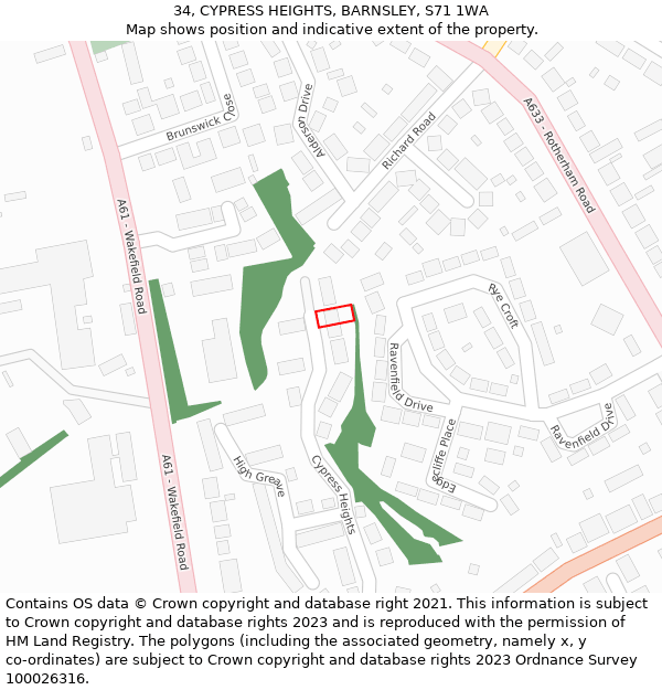 34, CYPRESS HEIGHTS, BARNSLEY, S71 1WA: Location map and indicative extent of plot