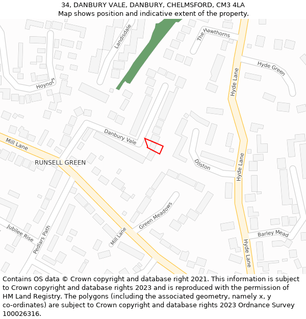 34, DANBURY VALE, DANBURY, CHELMSFORD, CM3 4LA: Location map and indicative extent of plot