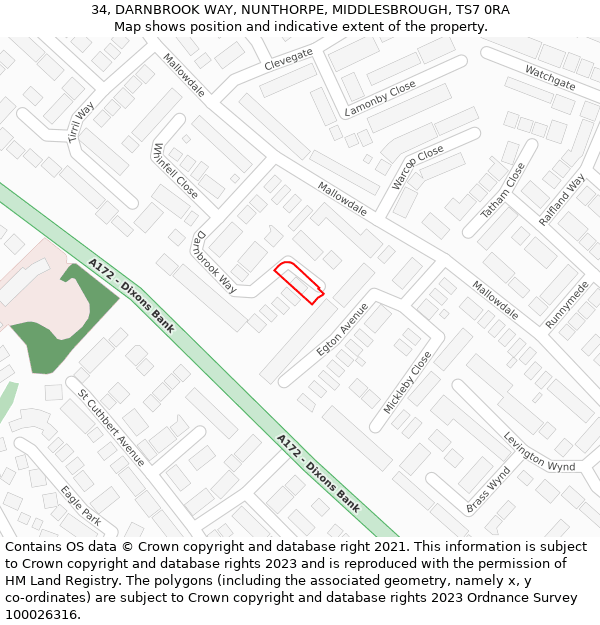 34, DARNBROOK WAY, NUNTHORPE, MIDDLESBROUGH, TS7 0RA: Location map and indicative extent of plot