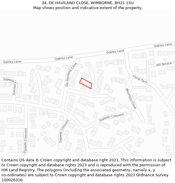 34, DE HAVILAND CLOSE, WIMBORNE, BH21 1XU: Location map and indicative extent of plot