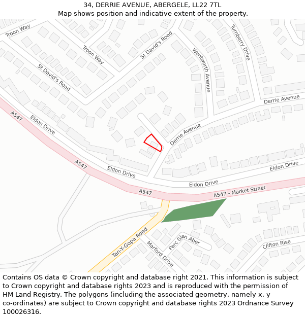 34, DERRIE AVENUE, ABERGELE, LL22 7TL: Location map and indicative extent of plot