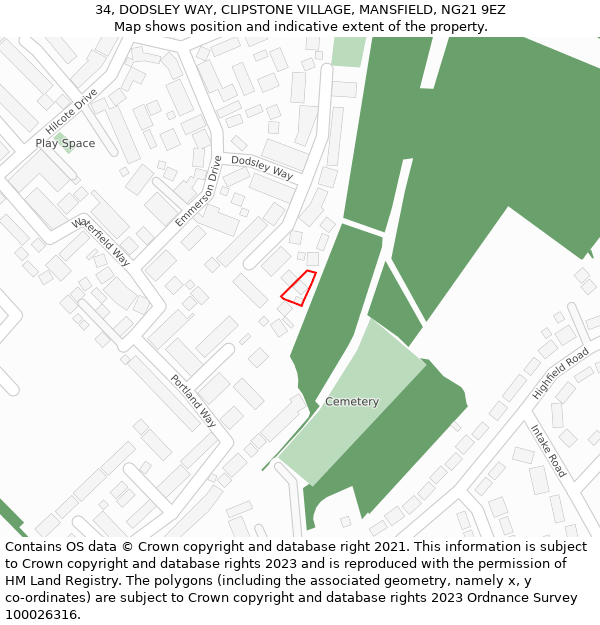 34, DODSLEY WAY, CLIPSTONE VILLAGE, MANSFIELD, NG21 9EZ: Location map and indicative extent of plot