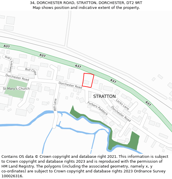 34, DORCHESTER ROAD, STRATTON, DORCHESTER, DT2 9RT: Location map and indicative extent of plot
