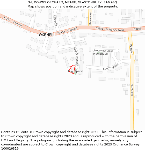 34, DOWNS ORCHARD, MEARE, GLASTONBURY, BA6 9SQ: Location map and indicative extent of plot