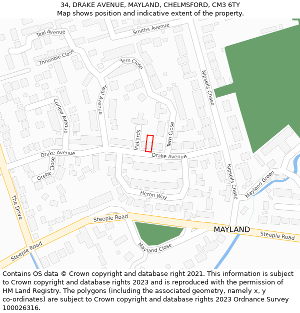 34, DRAKE AVENUE, MAYLAND, CHELMSFORD, CM3 6TY: Location map and indicative extent of plot