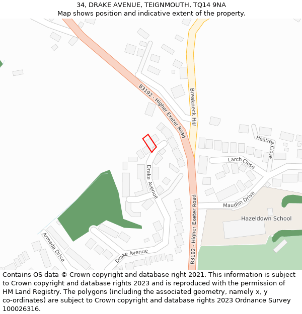 34, DRAKE AVENUE, TEIGNMOUTH, TQ14 9NA: Location map and indicative extent of plot