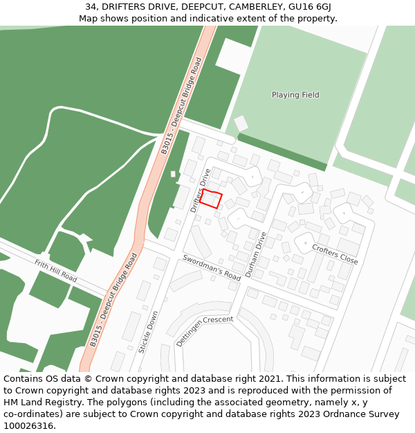 34, DRIFTERS DRIVE, DEEPCUT, CAMBERLEY, GU16 6GJ: Location map and indicative extent of plot