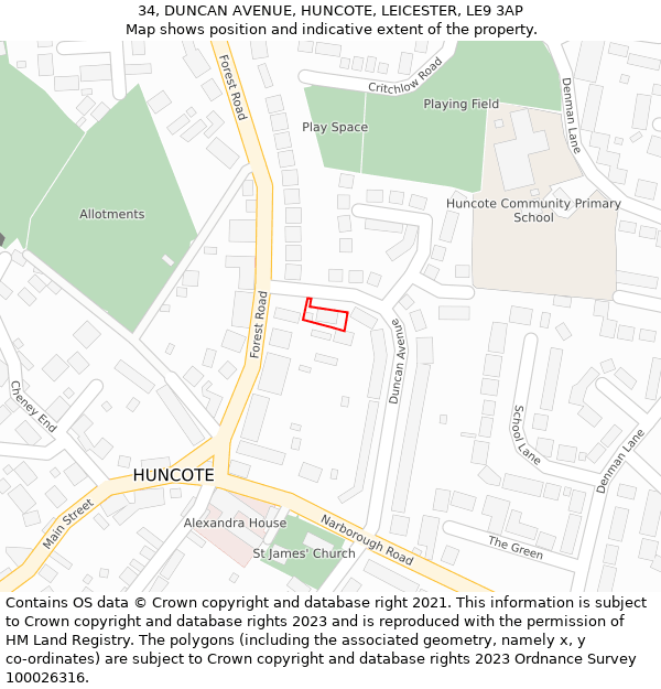 34, DUNCAN AVENUE, HUNCOTE, LEICESTER, LE9 3AP: Location map and indicative extent of plot