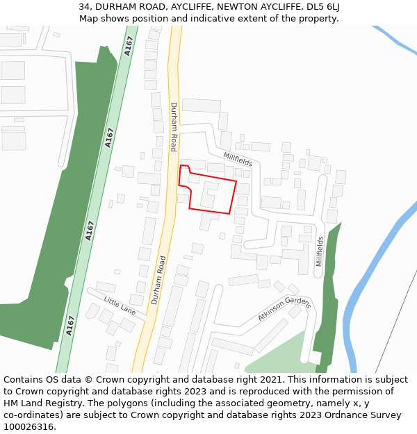 34, DURHAM ROAD, AYCLIFFE, NEWTON AYCLIFFE, DL5 6LJ: Location map and indicative extent of plot
