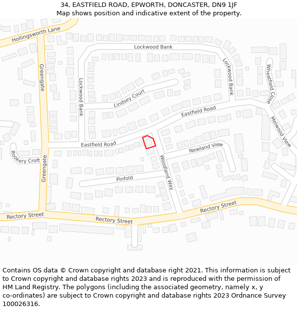 34, EASTFIELD ROAD, EPWORTH, DONCASTER, DN9 1JF: Location map and indicative extent of plot