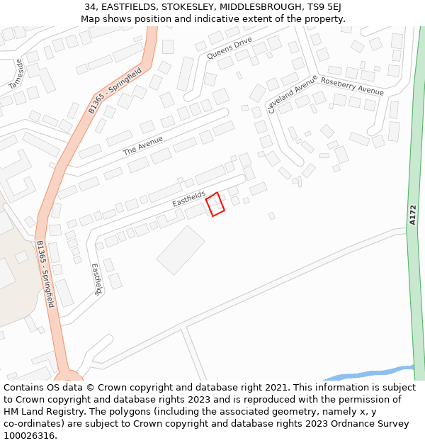 34, EASTFIELDS, STOKESLEY, MIDDLESBROUGH, TS9 5EJ: Location map and indicative extent of plot