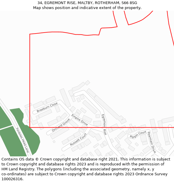 34, EGREMONT RISE, MALTBY, ROTHERHAM, S66 8SG: Location map and indicative extent of plot