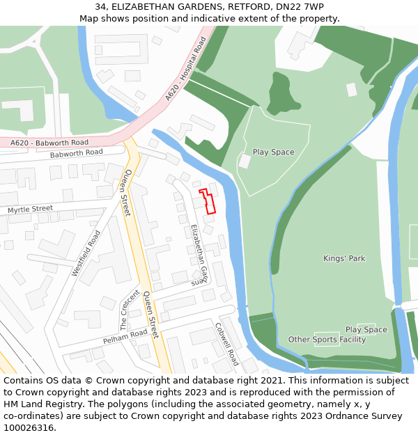 34, ELIZABETHAN GARDENS, RETFORD, DN22 7WP: Location map and indicative extent of plot