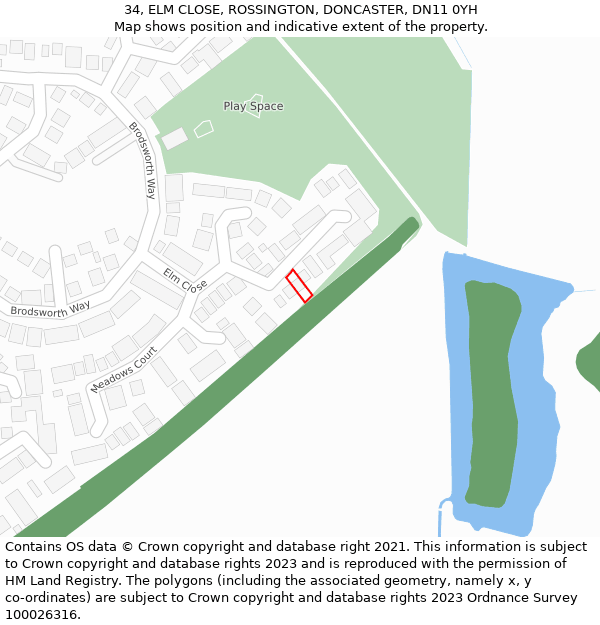 34, ELM CLOSE, ROSSINGTON, DONCASTER, DN11 0YH: Location map and indicative extent of plot