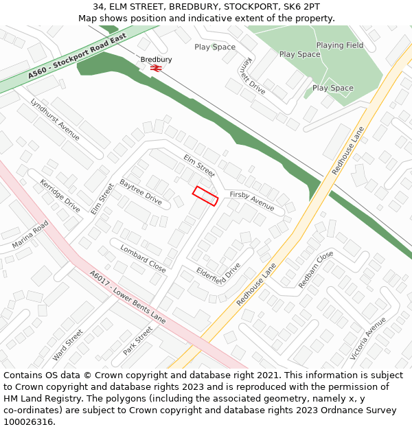 34, ELM STREET, BREDBURY, STOCKPORT, SK6 2PT: Location map and indicative extent of plot