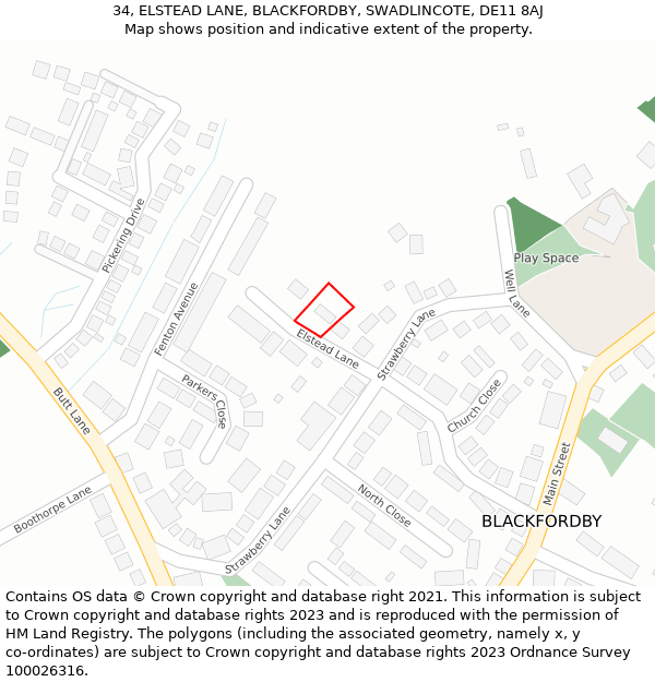 34, ELSTEAD LANE, BLACKFORDBY, SWADLINCOTE, DE11 8AJ: Location map and indicative extent of plot