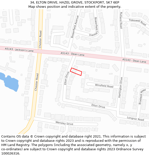 34, ELTON DRIVE, HAZEL GROVE, STOCKPORT, SK7 6EP: Location map and indicative extent of plot