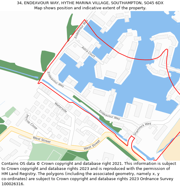 34, ENDEAVOUR WAY, HYTHE MARINA VILLAGE, SOUTHAMPTON, SO45 6DX: Location map and indicative extent of plot