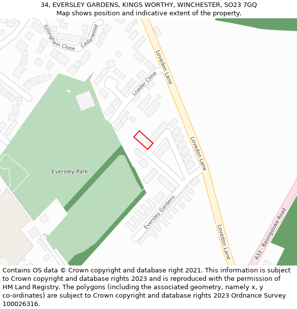 34, EVERSLEY GARDENS, KINGS WORTHY, WINCHESTER, SO23 7GQ: Location map and indicative extent of plot