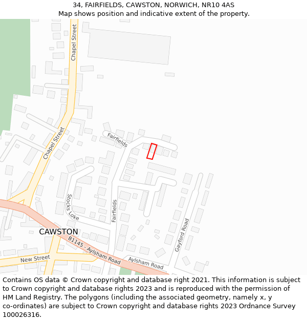 34, FAIRFIELDS, CAWSTON, NORWICH, NR10 4AS: Location map and indicative extent of plot