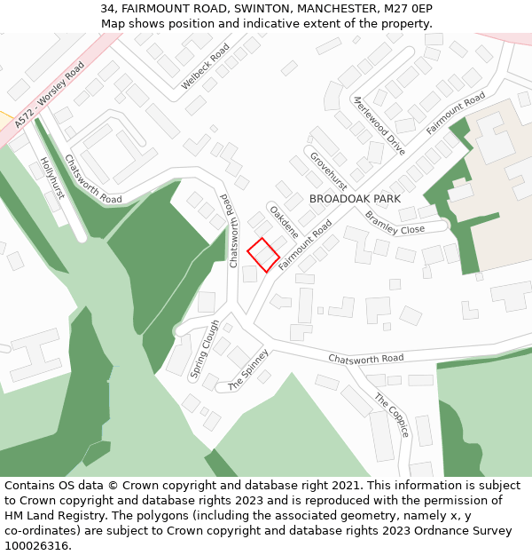 34, FAIRMOUNT ROAD, SWINTON, MANCHESTER, M27 0EP: Location map and indicative extent of plot
