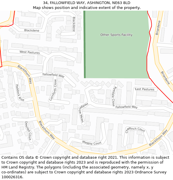 34, FALLOWFIELD WAY, ASHINGTON, NE63 8LD: Location map and indicative extent of plot