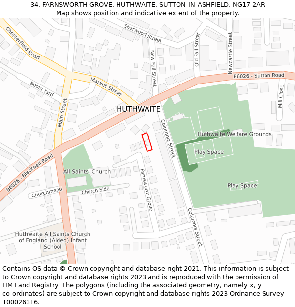 34, FARNSWORTH GROVE, HUTHWAITE, SUTTON-IN-ASHFIELD, NG17 2AR: Location map and indicative extent of plot