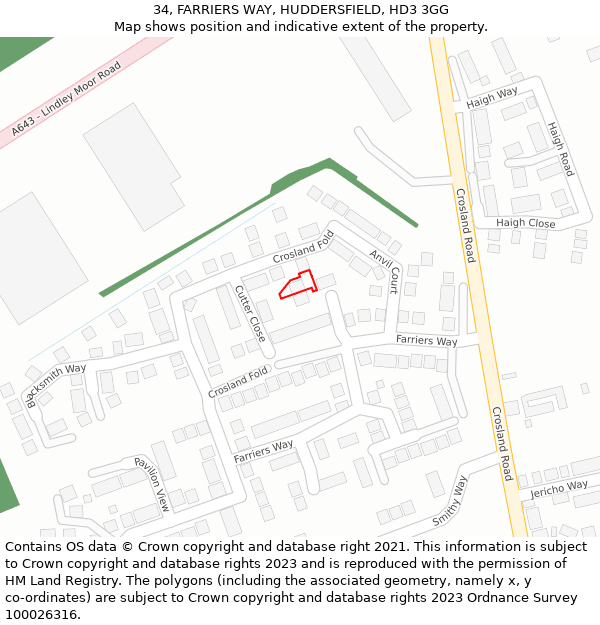 34, FARRIERS WAY, HUDDERSFIELD, HD3 3GG: Location map and indicative extent of plot