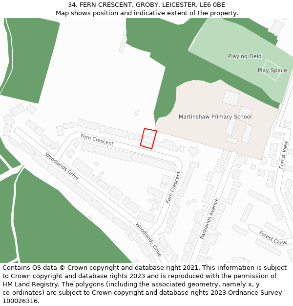 34, FERN CRESCENT, GROBY, LEICESTER, LE6 0BE: Location map and indicative extent of plot
