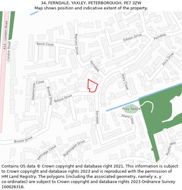 34, FERNDALE, YAXLEY, PETERBOROUGH, PE7 3ZW: Location map and indicative extent of plot