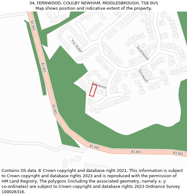 34, FERNWOOD, COULBY NEWHAM, MIDDLESBROUGH, TS8 0US: Location map and indicative extent of plot