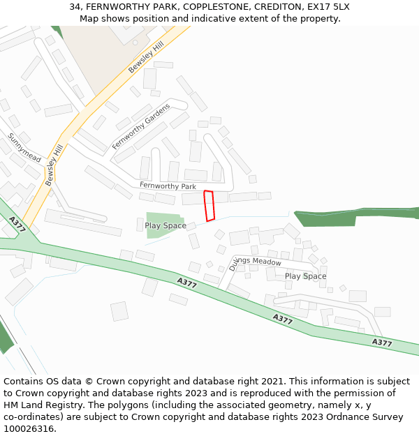 34, FERNWORTHY PARK, COPPLESTONE, CREDITON, EX17 5LX: Location map and indicative extent of plot