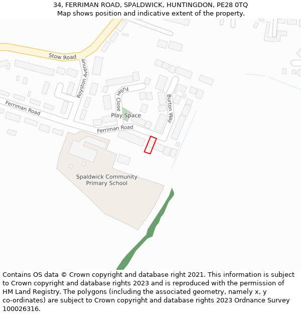 34, FERRIMAN ROAD, SPALDWICK, HUNTINGDON, PE28 0TQ: Location map and indicative extent of plot