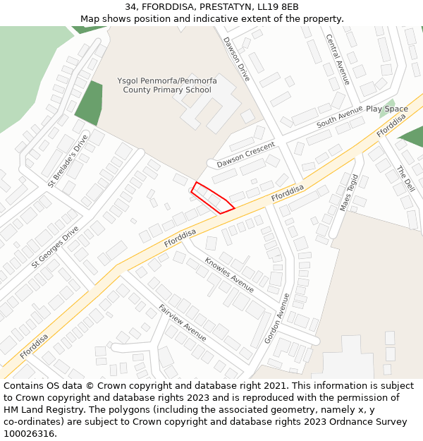 34, FFORDDISA, PRESTATYN, LL19 8EB: Location map and indicative extent of plot