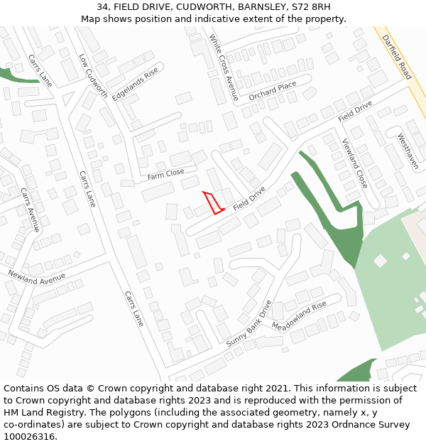 34, FIELD DRIVE, CUDWORTH, BARNSLEY, S72 8RH: Location map and indicative extent of plot