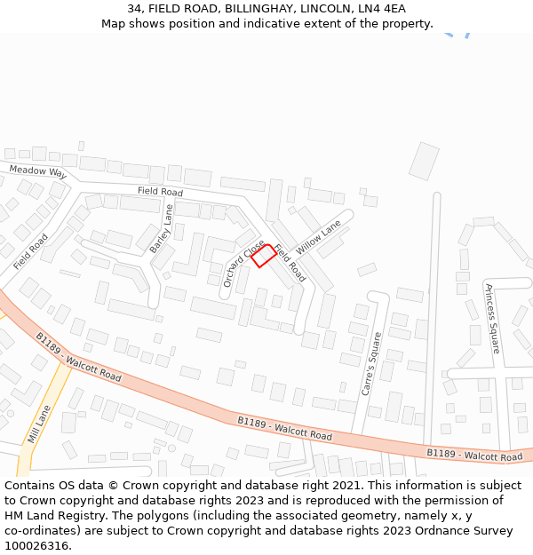 34, FIELD ROAD, BILLINGHAY, LINCOLN, LN4 4EA: Location map and indicative extent of plot