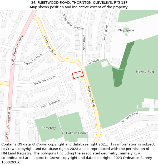 34, FLEETWOOD ROAD, THORNTON-CLEVELEYS, FY5 1SF: Location map and indicative extent of plot