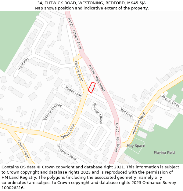 34, FLITWICK ROAD, WESTONING, BEDFORD, MK45 5JA: Location map and indicative extent of plot