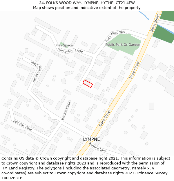 34, FOLKS WOOD WAY, LYMPNE, HYTHE, CT21 4EW: Location map and indicative extent of plot