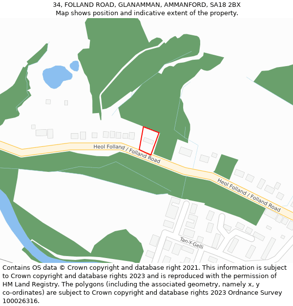 34, FOLLAND ROAD, GLANAMMAN, AMMANFORD, SA18 2BX: Location map and indicative extent of plot