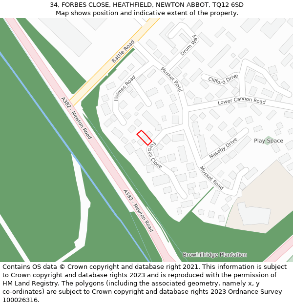 34, FORBES CLOSE, HEATHFIELD, NEWTON ABBOT, TQ12 6SD: Location map and indicative extent of plot