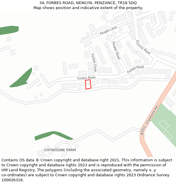 34, FORBES ROAD, NEWLYN, PENZANCE, TR18 5DQ: Location map and indicative extent of plot
