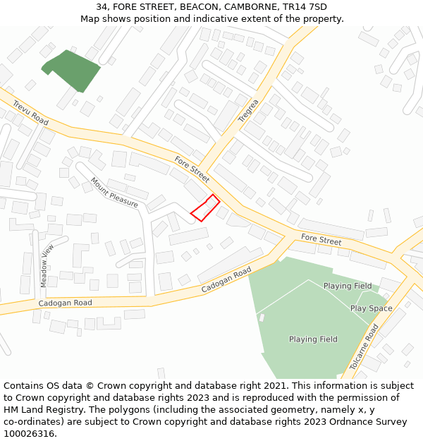 34, FORE STREET, BEACON, CAMBORNE, TR14 7SD: Location map and indicative extent of plot