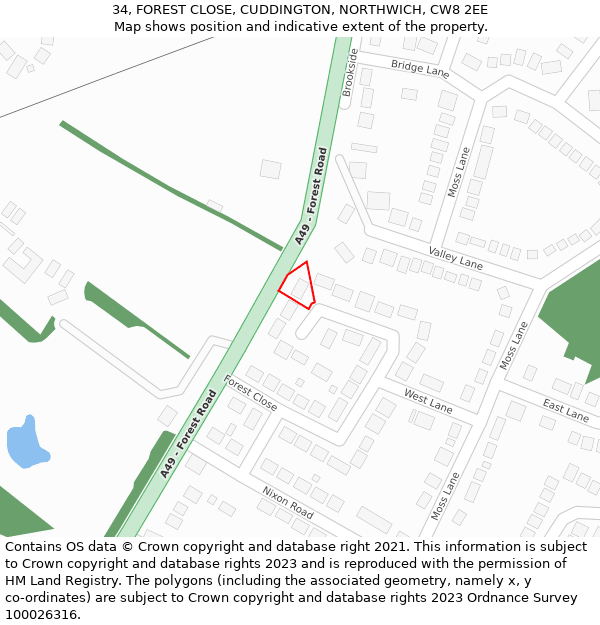 34, FOREST CLOSE, CUDDINGTON, NORTHWICH, CW8 2EE: Location map and indicative extent of plot