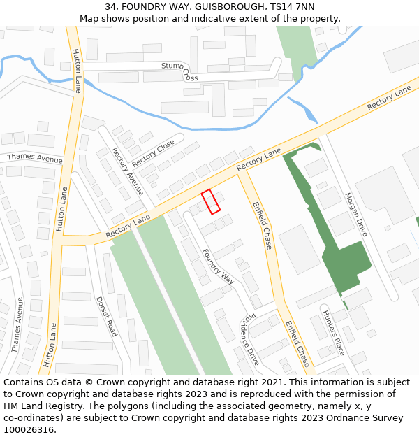 34, FOUNDRY WAY, GUISBOROUGH, TS14 7NN: Location map and indicative extent of plot