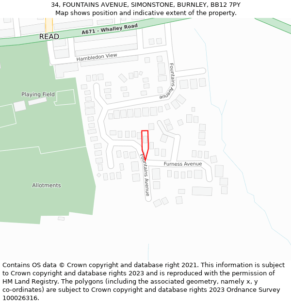 34, FOUNTAINS AVENUE, SIMONSTONE, BURNLEY, BB12 7PY: Location map and indicative extent of plot