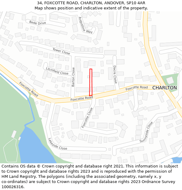 34, FOXCOTTE ROAD, CHARLTON, ANDOVER, SP10 4AR: Location map and indicative extent of plot