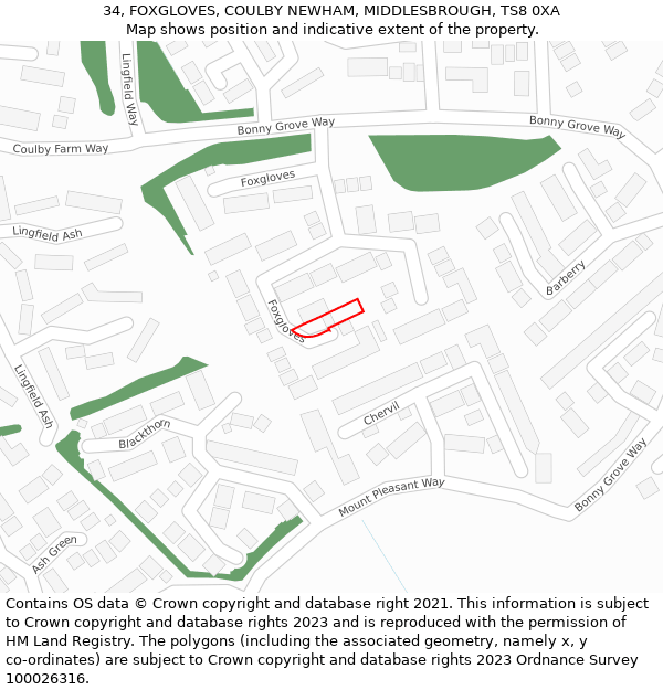 34, FOXGLOVES, COULBY NEWHAM, MIDDLESBROUGH, TS8 0XA: Location map and indicative extent of plot