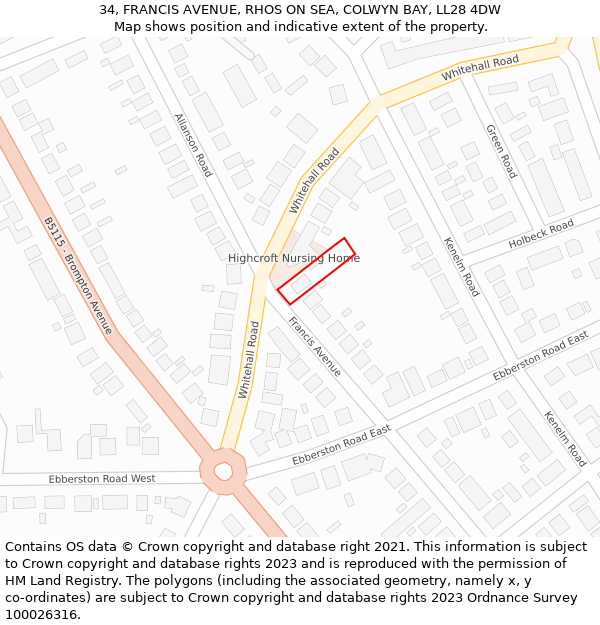 34, FRANCIS AVENUE, RHOS ON SEA, COLWYN BAY, LL28 4DW: Location map and indicative extent of plot